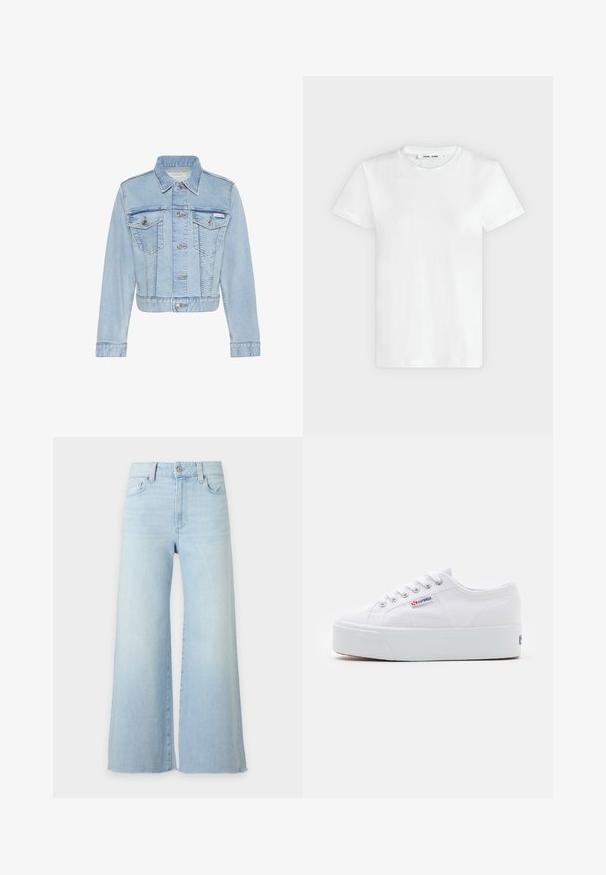Φωτεινό μπλε cropped denim μπουφάν με κουμπιά μπροστά, δύο τσεπάκια στο στήθος με κουμπιά, μακριά μανίκια και ετικέτα Calvin Klein στην αριστερή τσέπη.; Απλό λευκό κοντομάνικο μπλουζάκι με στρογγυλή λαιμόκοψη, τοποθετημένο επίπεδα σε ανοιχτό γκρι φόντο, δείχνει την μπροστινή πλευρά με ετικέτα στο εσωτερικό της λαιμοκοπής.; Ανοιχτό μπλε τζιν με ψηλή μέση, φαρδιά γραμμή στα πόδια και ακατέργαστο στρίφωμα, με μπροστινές τσέπες και κλείσιμο με κουμπί.; Λευκό καμβά sneaker με χοντρή λευκή πλατφόρμα, στρογγυλή μύτη και μεταλλικές οπές για τα κορδόνια. Το λογότυπο της επωνυμίας εμφανίζεται στο πλάι.