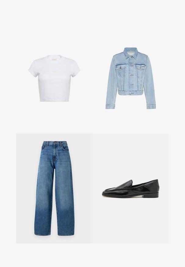 Hellblaue kurze Jeansjacke mit Knopfleiste vorne, zwei geknöpften Brusttaschen, langen Ärmeln und Calvin Klein Etikett an der linken Tasche.; Weißes, kurzärmeliges, kurzgeschnittenes T-Shirt mit gerippter Struktur. Es verfügt über einen Rundhalsausschnitt und ein dezentes "Calvin Klein"-Logo in heller Farbe auf der Vorderseite.; Weite blaue Denim-Jeans mit klassischem Fünf-Taschen-Design. Mit Knopfverschluss und leichter Ausbleichung für eine angenehme Textur.; Schwarze Lederloafers mit glatter Oberfläche, die ein gesticktes Design entlang der vorderen Kante und einen niedrigen, quadratischen Absatz aufweisen.