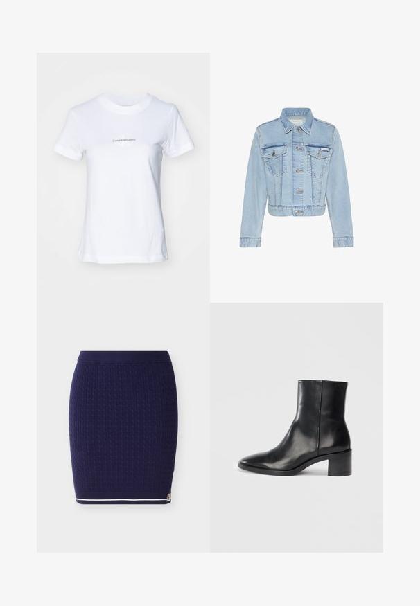 Hellblaue kurze Jeansjacke mit Knopfleiste vorne, zwei geknöpften Brusttaschen, langen Ärmeln und Calvin Klein Etikett an der linken Tasche.; Weißes Baumwoll-T-Shirt mit Rundhalsausschnitt, kurzen Ärmeln und einem Frontdruck in blauer Schrift: "CalvinKleinJeans" mit einem stilisierten "K"-Logo.; Marineblauer Strickrock mit einem strukturierten Zopfstrickmuster. Verfügt über einen gerippten Bund und einen weißen Streifen als Akzent entlang des unteren Saums.; Schwarze Leder-Ankle-Boots mit spitzer Zehe, niedrigem Blockabsatz und dezentem, geprägtem Logo. Glatte Oberfläche mit einem eleganten Design und minimalen Nähten.