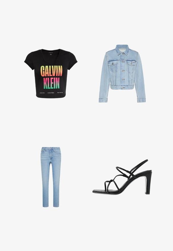 Φωτεινό μπλε cropped denim μπουφάν με κουμπιά μπροστά, δύο τσεπάκια στο στήθος με κουμπιά, μακριά μανίκια και ετικέτα Calvin Klein στην αριστερή τσέπη.; Μαύρο κοντομάνικο κολαριστό T-shirt με V-λαιμόκοψη και μεγάλο κείμενο "CALVIN KLEIN" σε διαβαθμισμένα πορτοκαλί, ροζ και πράσινα χρώματα στο εμπρόσθιο μέρος.; Ανοιχτό μπλε τζιν παντελόνι, ίσια γραμμή, με πέντε τσέπες, εμπρόσθιο κούμπωμα με κουμπιά και φερμουάρ, με λεπτές αποχρώσεις ξεθωριάσματος και ραφές ως διακόσμηση.; Μαύρες ψηλοτάκουνες σανδάλες με λεπτές λωρίδες, υφή, ανοιχτή μύτη και κομψό, μυτερό σχέδιο τακουνιού. Διαθέτουν λείο πέλμα και γυαλιστερή επιφάνεια.