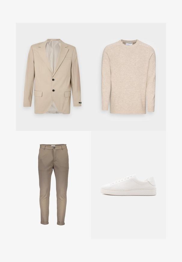 Bežový blazer s dvojitým uzáverom, klopovými reverzami, prednými vreckami a jedným vreckom na hrudi. Hladká tkanina s priliehavým strihom.; Svetlobežový pletený sveter s okrúhlym výstrihom, dlhými rukávmi a rebrovanými manžetami; má textúrovanú tkaninu a jednoduchý dizajn.; Béžové nohavice zo zmesi bavlny s úzkym strihom, vybavené zapínaním na gombík, očkami na opasok a vyhrnutými lemami. Hladká textúra s čistým prešitím.; Biela kožená teniska s hladkým povrchom, okrúhlym špičkou, šiestimi očkami na šnurovanie a textúrovanou gumovou podrážkou. Minimalistický dizajn bez vzorov.