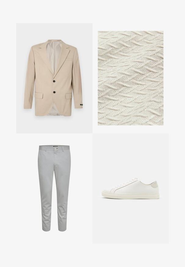 Bežový blazer s dvojitým uzáverom, klopovými reverzami, prednými vreckami a jedným vreckom na hrudi. Hladká tkanina s priliehavým strihom.; Textúrovaná látka v krémovej farbe s cikcak vzorom a vystupujúcimi vláknami pre väčšiu hĺbku a dimenziu. Ľahká a mäkká textúra.; Svetlosivé upravené nohavice s hladkou textúrou, so zapínaním na gombík, pútkami na opasok a prednými vreckami. Strih do členkov.; Biele kožené tenisky s hladkým povrchom, okrúlym špičkou a minimalistickým dizajnom. Obsahujú béžové akcenty na päte a gumovú podrážku.