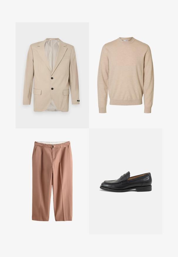 Beige blazer med en lukning af to knapper, klippet lapel, forlommer og en enkelt brystlomme. Glat stof med en skræddersyet pasform.; Beige langærmet rundhalset sweater lavet af blødt strikstof, med ribstrikkede manchetter og kant, designet til mænd.; Lysebrune bukser med høj talje med bæltestropper, matchende stofbælte med metalspænde, frontlommer og lige ben.; Sort læder herresko med syninger, lav stakket hæl og en smal rem over overdelen, vist fra siden på en hvid baggrund.