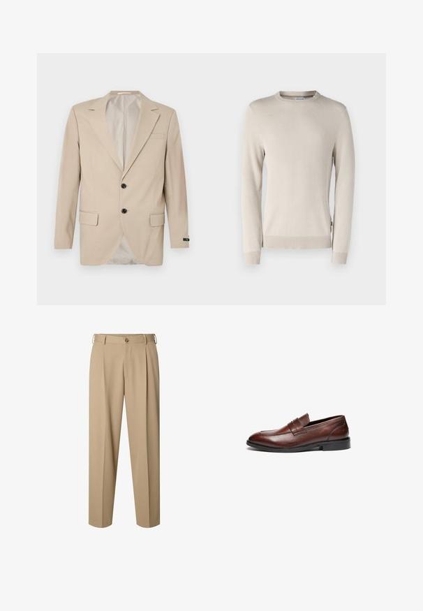 Blaser beige avec une fermeture à deux boutons, des revers crantés, des poches frontales et une poche poitrine simple. Tissu lisse avec une coupe ajustée.; Pull en tricot beige présentant un motif texturé, un col ras du cou et des poignets et ourlet côtelés. Fabriqué en matériau doux et respirant.; Pantalon beige ajusté avec plis sur le devant, passants pour ceinture, fermeture par bouton et coupe droite.; Mocassins en cuir marron avec une finition lisse, bout arrondi, sangle décorative et semelle en caoutchouc noire. Présente un détail de coutures minimal.