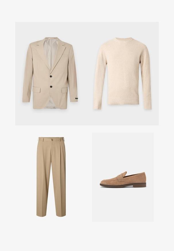 Blaser beige avec une fermeture à deux boutons, des revers crantés, des poches frontales et une poche poitrine simple. Tissu lisse avec une coupe ajustée.; Pull beige à manches longues en tricot, avec un col rond et des poignets et un ourlet côtelés sur un fond gris clair uni.; Pantalon beige ajusté avec plis sur le devant, passants pour ceinture, fermeture par bouton et coupe droite.; Mocassin pour homme en daim marron clair avec talon bas, bout arrondi et détail d'une bride sur le dessus.