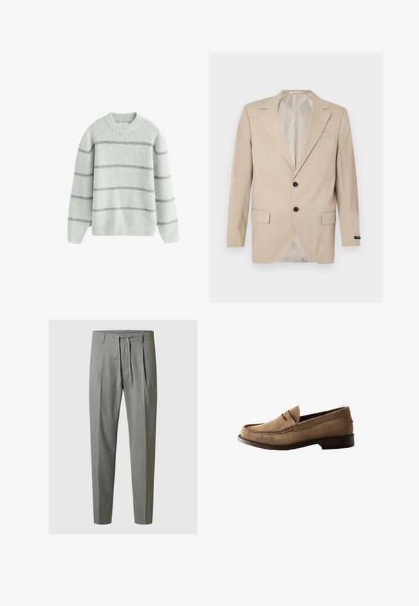 Bežový blazer s dvojitým uzáverom, klopovými reverzami, prednými vreckami a jedným vreckom na hrudi. Hladká tkanina s priliehavým strihom.; Šedý pruhovaný sveter vyrobený z mäkkej, štruktúrovanej tkaniny. Má okrúhly výstrih a dlhé rukávy s horizontálnymi pruhmi v svetlošedej a tmavosivej farbe.; Svetlé šedé nohavice s nastaviteľným pásom, s plisovaným predným dielom, zúženými nohavicami a jemnou textúrou látky.; Hnedá semišová kožená mokasína s nízkym podpätkom a klasickým pásikom na mincu, zobrazená zboku na bielom pozadí.