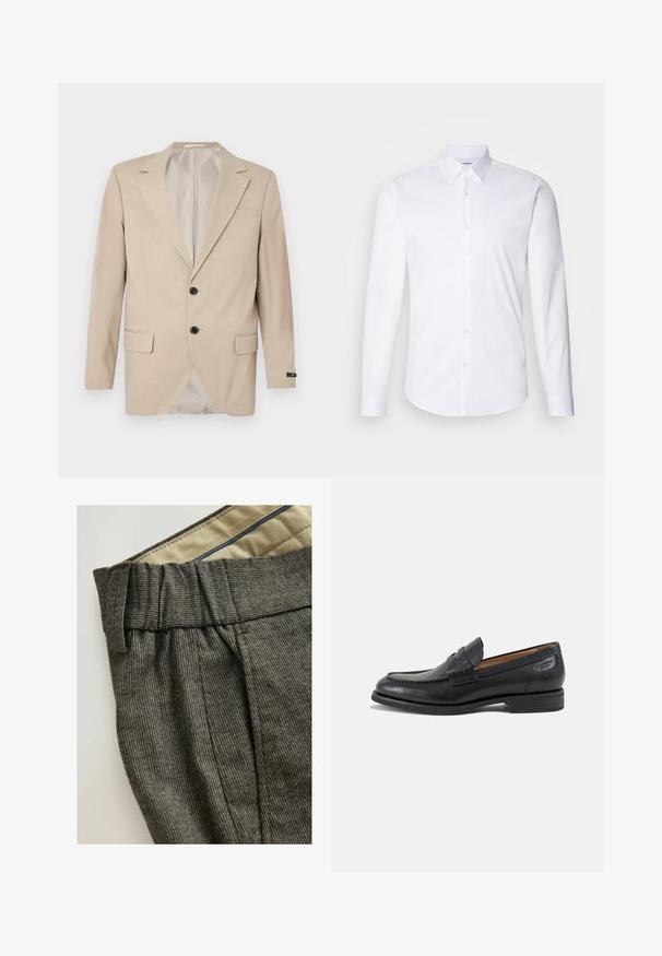 Blazer beige con cierre de dos botones, solapas con muesca, bolsillos delanteros y un bolsillo en el pecho. Tejido suave con un corte ajustado.; Camisa blanca de manga larga abotonada hecha de suave tela de algodón, con un cuello clásico, cierre de botones y dobladillo curvado.; Pantalones grises con textura, con una cinturilla plisada y forro interior en contraste. Presentan sutiles patrones y un diseño a medida.; Mocasín de hombre de cuero negro con detalles cosidos, tacón bajo apilado y una correa estrecha en la parte superior, mostrado de lado sobre un fondo blanco.