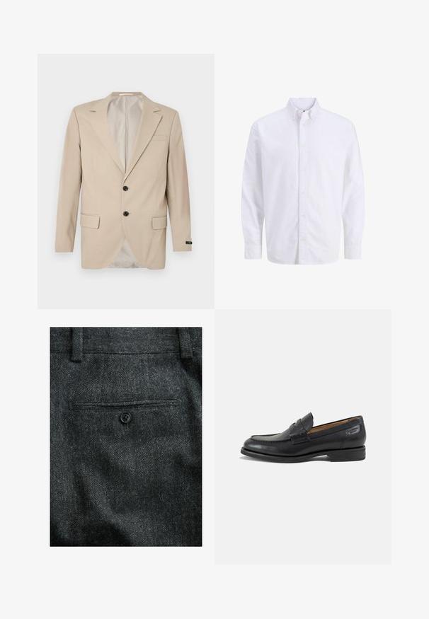 Beige blazer med en lukning af to knapper, klippet lapel, forlommer og en enkelt brystlomme. Glat stof med en skræddersyet pasform.; Hvid langærmet skjorte med knapper foran, klassisk krave og knaplukninger ved ærmerne, vist på en ensfarvet baggrund.; Mørkegrå uldbukser med en struktureret finish, en enkelt baglomme med sort knaplukning og bæltestropper i taljen.; Sort læder herresko med syninger, lav stakket hæl og en smal rem over overdelen, vist fra siden på en hvid baggrund.