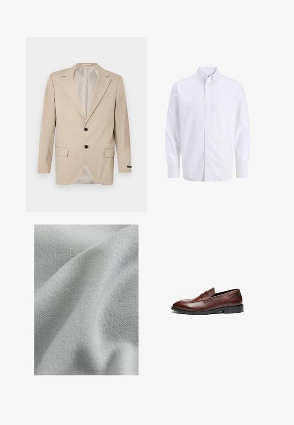 Beige blazer med en lukning af to knapper, klippet lapel, forlommer og en enkelt brystlomme. Glat stof med en skræddersyet pasform.; Hvid langærmet skjorte med knapper foran, klassisk krave og knaplukninger ved ærmerne, vist på en ensfarvet baggrund.; Lys grå stof med en blød, glat tekstur og et subtilt strikket mønster, draperet for at vise sit fleksible og flydende design.; Brune læder loafers med en glat finish, rund tå, dekorativ rem og sort gummisål. Har minimal syning detaljer.
