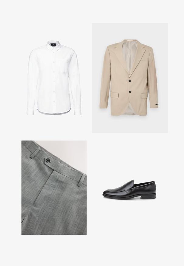 Beige Blazer mit Zwei-Knopf-Verschluss, Reverskragen, Fronttaschen und einer Brusttasche. Glattes Gewebe mit taillierter Passform.; Weißes Langarmhemd aus Baumwolle mit einem Button-Down-Kragen, Fronttasche und abgerundetem Saum mit knopfbaren Manschetten.; Hellgraue Hose mit strukturiertem Stoff, Knopfverschluss, flacher Vorderseite mit dezenten Nadelstreifen und Seitentaschen.; Schwarzer Leder-Slipper mit geschwungener Silhouette, genähten Details am Rand und einer flachen Gummisohle für besseren Halt.