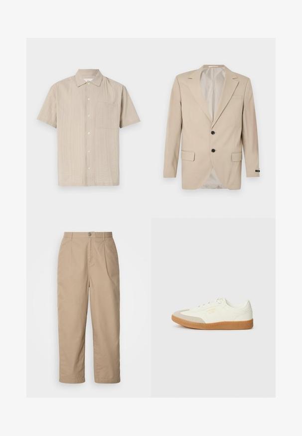 Beige blazer med en lukning af to knapper, klippet lapel, forlommer og en enkelt brystlomme. Glat stof med en skræddersyet pasform.; Kortærmet skjorte i lyse beige stof med et struktureret mønster, knaplukning og brystlomme på venstre side. Klassisk kravedesign.; Beige, lette bomuldsbukser med plisset front, knaplukning og lige ben, der har en glat tekstur og ingen synlige mønstre.; Sneaker lavet af hvid læder med en beige tåhætte og let brunt gummisål. Har flade hvide snørebånd og prægede branding på siden.