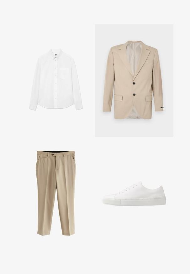 Beige blazer med en lukning af to knapper, klippet lapel, forlommer og en enkelt brystlomme. Glat stof med en skræddersyet pasform.; Hvid langærmet skjorte med knapper, krave, forlommer og subtil tekstur. Frontlukning har knapper og et lille logo-detalje.; Beige bukser lavet af glat stof, med flad front, sidelommer og en enkelt baglomme. Standard talje med knaplukning.; Hvide lædersneakers med en glat finish, rund tå og seks øjer til snørebånd. Har en tekstureret gummisål og et minimalisk design.