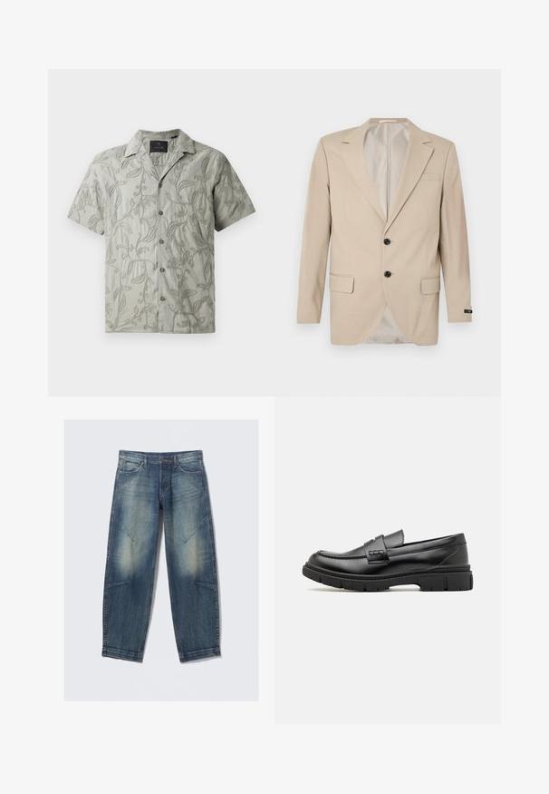 Beige Blazer mit Zwei-Knopf-Verschluss, Reverskragen, Fronttaschen und einer Brusttasche. Glattes Gewebe mit taillierter Passform.; Kurzärmliges, hellgraues Hemd mit gestickten Blumenmustern, einem Camp-Kragen und einer durchgehenden Knopfleiste mit grauen Knöpfen.; Hellblaue Jeans aus Denim mit lockerem Schnitt, verwaschenen Stellen, Fronttaschen und diagonalen Nahtakzenten. Gerader Beinverlauf.; Schwarze Lederloafer mit einem breiten Riemen über dem Rist, Gummisohle mit dicken Profilen und glatter Textur. Klassisches, schlankes Design.