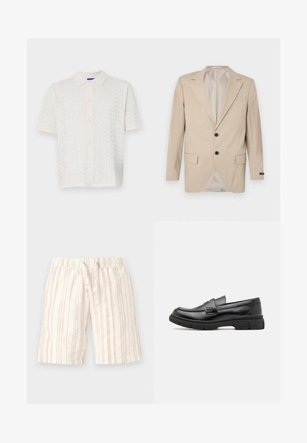 Bežový blazer s dvojitým uzáverom, klopovými reverzami, prednými vreckami a jedným vreckom na hrudi. Hladká tkanina s priliehavým strihom.; Polo tričko s krátkymi rukávmi v off-white farbe, s textúrovaným vzorom, zapínaním na gombíky vpredu a klasickým golierom.; Svetlo béžové šortky s vertikálnymi pruhmi v rôznych odtieňoch. Majú elastický pás a šnúrku na prispôsobenie. Mäkká, textúrovaná tkanina.; Čierne kožené mokasíny so širokým pásikom cez priehlavok, gumová podrážka s hrubým dezénom a hladký povrch. Klasický, elegantný dizajn.