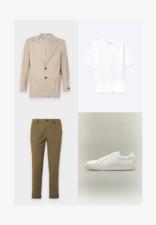 Beige blazer met een sluiting met twee knopen, notch-lapels, zijzakken en een enkele borstzak. Gladde stof met een getailleerde pasvorm.; Effen witte T-shirt met korte mouwen en ronde hals, met een losse pasvorm, weergegeven op een lichte achtergrond.; Slanke kaki chino voor heren met ceintuurlussen, knoopsluiting, zijzakken en opgerolde pijpzomen op een witte achtergrond.; Witte lage sneaker met veters aan de voorkant en dikke zool, zijaanzicht tegen een neutrale achtergrond.
