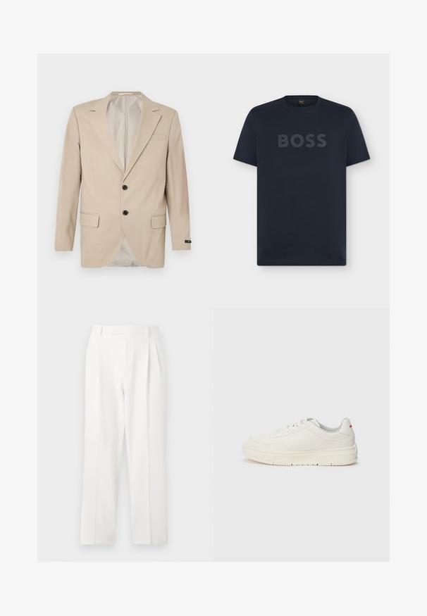 Bežový blazer s dvojitým uzáverom, klopovými reverzami, prednými vreckami a jedným vreckom na hrudi. Hladká tkanina s priliehavým strihom.; Tmavomodré tričko s krátkym rukávom, okrúhlym výstrihom a vyrazeným logom "BOSS" na hrudi.; Biele upravené nohavice so strihom s rovným nohavicami, obsahujúce záhyby, rovný predný diel a hladkú textúru látky. Žiadne viditeľné vrecká ani akcenty.; Biele tenisky s hladkým koženým zvrškom, okrúhlou špicou, plochými šnúrkami a textúrovanou gumovou podošvou. Na päte je červený akcent.