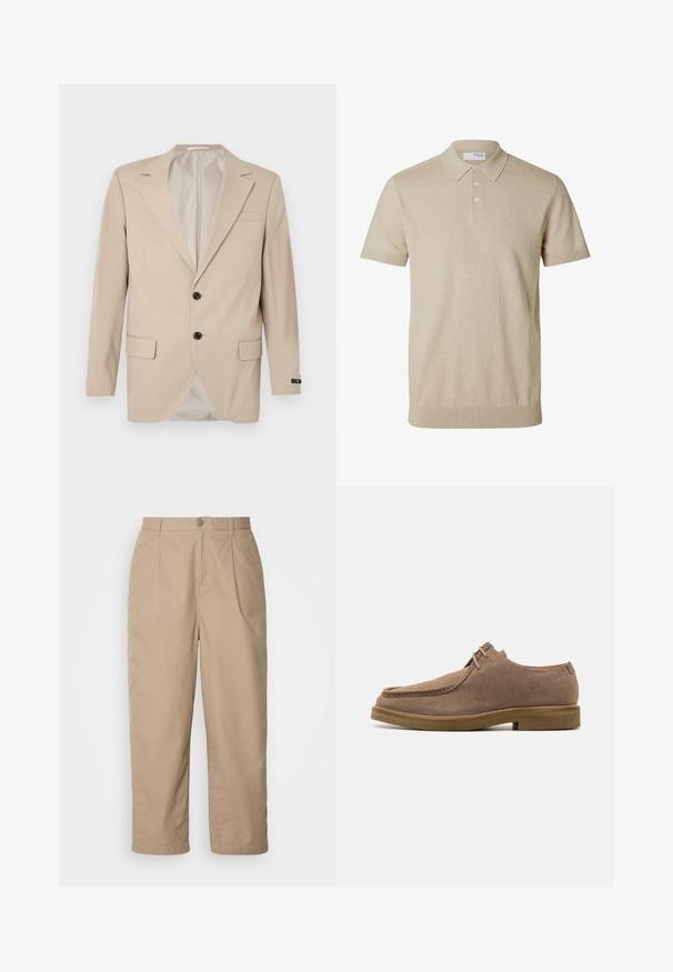 Beige Blazer mit Zwei-Knopf-Verschluss, Reverskragen, Fronttaschen und einer Brusttasche. Glattes Gewebe mit taillierter Passform.; Beiges kurzärmeliges Poloshirt mit Kragen und drei Knöpfen, gerippte Bündchen an Ärmeln und Saum, einfarbiger Strickstoff.; Beige, leichte Baumwollhosen mit gefaltetem Vorderteil, Knopfverschluss und geradem Bein, die eine glatte Textur und keine sichtbaren Muster aufweisen.; Zign by Zalando LEATHER - Sportlicher Schnürer - taupe