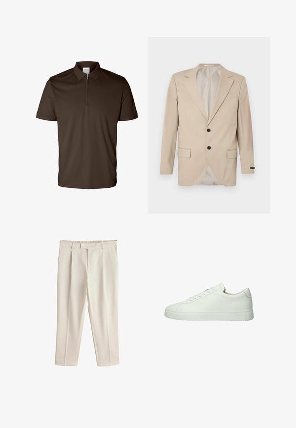 Bežový blazer s dvojitým uzáverom, klopovými reverzami, prednými vreckami a jedným vreckom na hrudi. Hladká tkanina s priliehavým strihom.; Tmavohnedé polo tričko s krátkym rukávom, golierom a polovičným zipsom vpredu, zobrazené na bielom pozadí.; Béžové nohavice rovného strihu s pútkami na opasok, prednými vreckami a skrytým zipsom na prednej strane.; Biele kožené tenisky s hladkou textúrou, nízkym profilom, zaoblenou špičkou a tónovými šnúrkami. Majú textúrovanú gumovú podrážku.