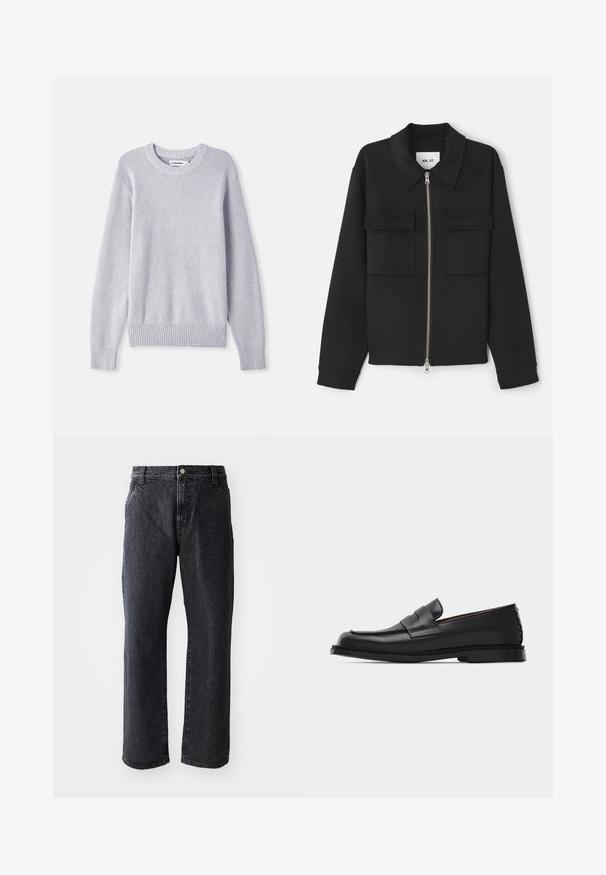 NN.07 ALBAN - Let jakke / Sommerjakker - black; Lysegrå strikket sweater med rund halsudskæring, lange ærmer, ribbet manchetter og kant, prydet med et struktureret vævemønster hele vejen igennem.; Sorte denim jeans med lige snit, med knaplukning, fem lommer og subtil tekstur. Klassisk design uden fremtrædende mønstre.; Sort læder penny loafer med lav hæl, rundet tå og dekorativ rem over vristen, sat på en ensartet lys baggrund.
