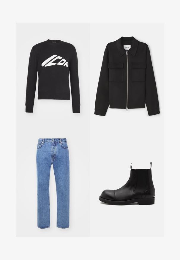 NN.07 ALBAN - Veste légère - black; Pull en maille noir avec un col rond, des poignets et un ourlet côtelés. Affiche un logo "ICON" blanc bien visible dans une police stylisée sur le devant.; Won Hundred STEVE - Jean boyfriend - cut blue; Bottine Chelsea en cuir noir à bout arrondi, panneaux latéraux élastiques, languettes à l’avant et à l’arrière, semelle plate, vue de côté sur fond blanc.