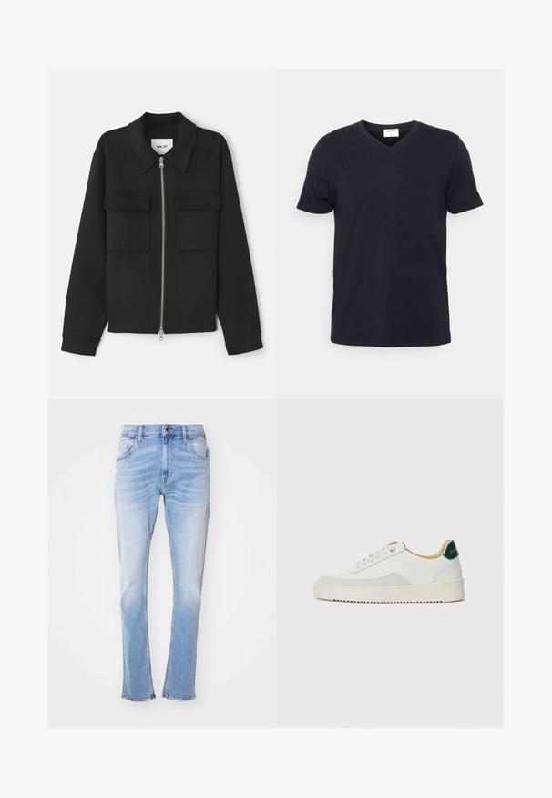 NN.07 ALBAN - Suvejakk - black; Musthave musterniga musterniga lühikeste varrukatega vöötkesega must puuvillane t-särk, millel on vabam lõige. Lihtne disain, ilma mustrite või lisakaunistusteta.; Heledad sinine teksapüksid, mis on valmistatud denimist, sirge jala lõikega, kerge tuhmumisega, viie taskuga ja nupuga sulgemisega. Ei ole nähtavaid mustreid ega kaunistusi.; Valged tennisjalanõud, millel on sametised aktsendid, ümar varvas, lame nöörid ja kreemjas kummine põhja. Hästi nähtav roheline bränding kannal.