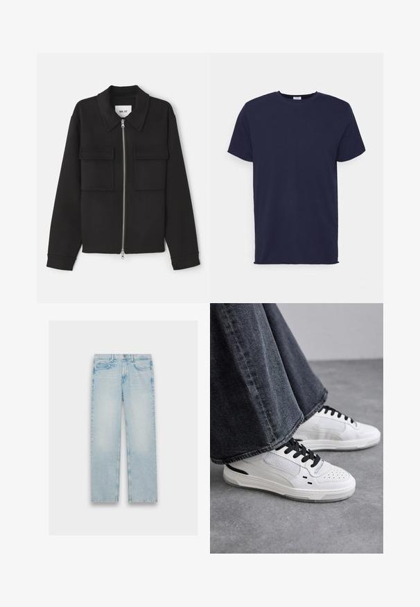 NN.07 ALBAN - Leichte Jacke - black; Marineblaues T-Shirt mit kurzen Ärmeln aus weichem Stoff. Es hat einen Rundhalsausschnitt und einen geraden Schnitt ohne Muster oder Akzente.; Hellblaue Jeans aus Denim mit geradem Bein, fünf Taschen und einem verwaschenen Finish. Metallbeschläge und gestickte Details sind sichtbar.; Weiße Sneakers mit schwarzen Schnürsenkeln und Netzdetails. Die Schuhe verfügen über ein glattes Lederobermaterial und eine strukturierte Gummisohle. Kombiniert mit weiten, grauen Jeans.
