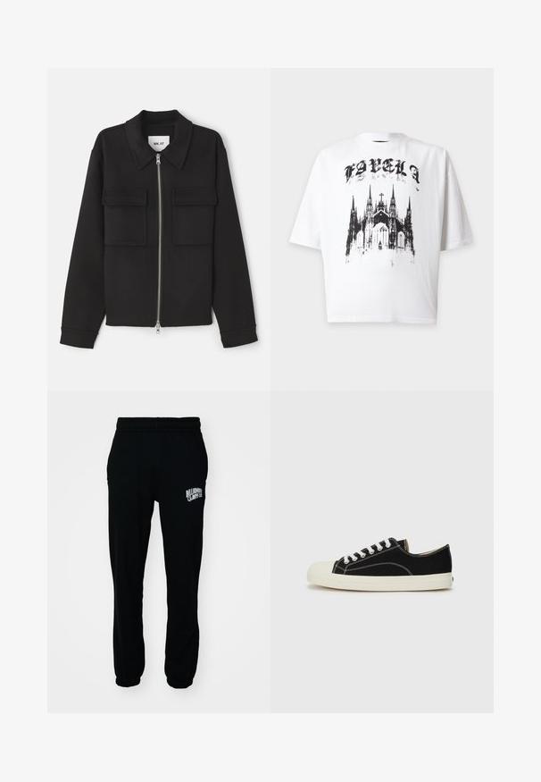 NN.07 ALBAN - Leichte Jacke - black; Weißes kurzärmliges T-Shirt mit schwarzem gotischen Text über einer detaillierten schwarzen Grafik einer Kathedrale mit hohen Türmen und einem zentralen Kreuz.; Schwarze Fleece-Jogginghosen mit elastischem Bund und Bündchen. Mit einem weißen Logo auf dem linken Oberschenkel. Glatte Textur, lockere Passform.; Schwarze Leinensneaker mit weißen Nähten, einer abgerundeten Gummikappe und weißen Schnürsenkeln. Verfügt über ein strukturiertes Obermaterial aus Stoff und eine beigefarbene Sohle.