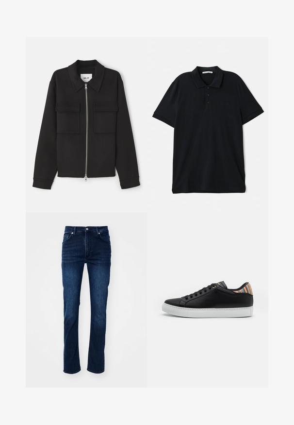 NN.07 ALBAN - Leichte Jacke - black; Schwarzes Poloshirt aus Baumwolle, mit klassischem Kragen, Dreiknopf-Leiste, kurzen Ärmeln und einem dezenten Logo-Detail auf der Vorderseite.; Dunkelblaue Jeans aus Denim im geraden Schnitt, mit einem klassischen Fünf-Taschen-Design und dezenten Nähdetails.; Schwarze Leder-Sneaker mit einer weißen Gummisohle, versehen mit einem gestreiften, mehrfarbigen Akzent an der Ferse und einem schwarzen Schnürverschluss mit goldenen Ösen.