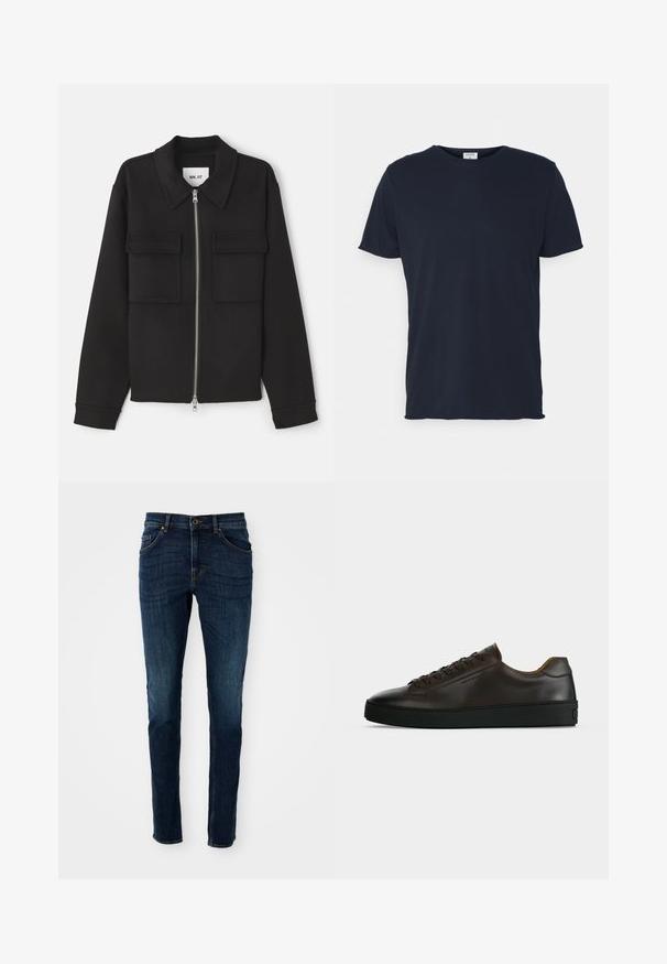NN.07 ALBAN - Lichte jas - black; Navyblauwe katoenen t-shirt met ronde hals en korte mouwen, met een gladde textuur en eenvoudig ontwerp, zonder zichtbare patronen of accenten.; Donkerblauwe denim jeans met een slim fit, gestructureerd ontwerp, vijf-pocketstijl en lichte vervagingdetails langs de benen en naden.; Low-profile donkerbruine leren sneaker met zwarte rubberen zool, veters aan de voorkant en een strak minimalistisch design op een lichte achtergrond.