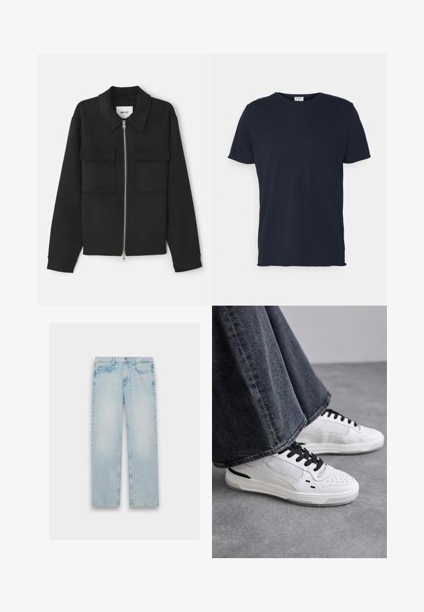 NN.07 ALBAN - Leichte Jacke - black; Marineblaue Baumwoll-T-Shirt mit Rundhalsausschnitt und kurzen Ärmeln, mit einer glatten Oberfläche und einfachem Design, ohne sichtbare Muster oder Akzente.; Hellblaue Jeans aus Denim mit geradem Bein, fünf Taschen und einem verwaschenen Finish. Metallbeschläge und gestickte Details sind sichtbar.; Weiße Sneakers mit schwarzen Schnürsenkeln und Netzdetails. Die Schuhe verfügen über ein glattes Lederobermaterial und eine strukturierte Gummisohle. Kombiniert mit weiten, grauen Jeans.
