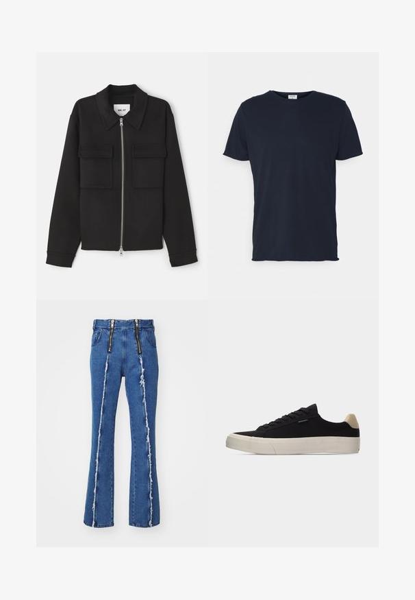 NN.07 ALBAN - Leichte Jacke - black; Marineblaue Baumwoll-T-Shirt mit Rundhalsausschnitt und kurzen Ärmeln, mit einer glatten Oberfläche und einfachem Design, ohne sichtbare Muster oder Akzente.; GmbH FAISAL - Jeans Straight Leg - denim blue; Schwarzer Low-Top-Sneaker mit beigem Fersenlasche, weißer dicker Gummisohle, schwarzen Schnürsenkeln und kleinem "PS Paul Smith"-Label an der Seite.