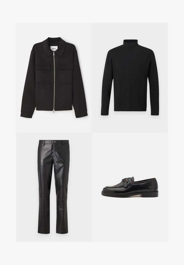 NN.07 ALBAN - Let jakke / Sommerjakker - black; Sort turtleneck skjorte lavet af glat stof. Har lange ærmer og en høj krave. Enkel design uden yderligere mønstre eller accenter.; Sorte læderbukser med en glat overflade, lige ben-design og diskrete stikninger langs sømmene. Har en knaplukning i taljen.; Sorte læder loafers med rund tå og en dekorativ spændeaccent. Flad, solid hæl og glat tekstur hele vejen igennem.