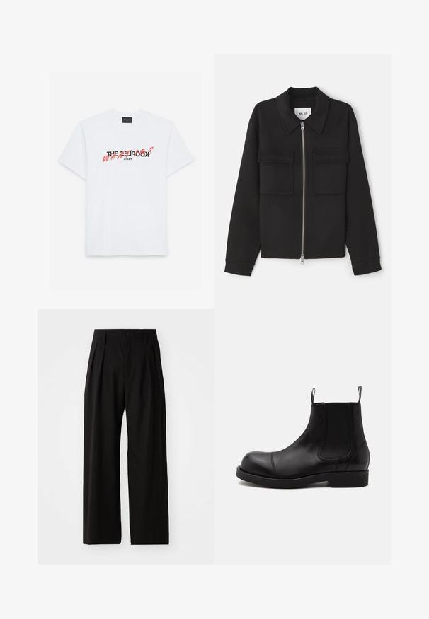 NN.07 ALBAN - Veste légère - black; T-shirt en coton blanc à manches courtes avec un imprimé graphique noir et corail. Le texte indique : "THE KOOPLES ? QUOI ?" et "PARIS."; Pantalons larges noirs avec une texture lisse, dotés de deux plis avant, d'une fermeture à bouton et de poches latérales. Tissu durable.; Bottine Chelsea en cuir noir à bout arrondi, panneaux latéraux élastiques, languettes à l’avant et à l’arrière, semelle plate, vue de côté sur fond blanc.
