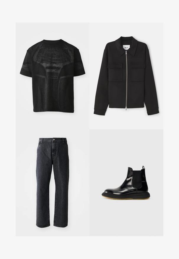 NN.07 ALBAN - Lichte jas - black; Zwarte sport T-shirt met korte mouwen, voorzien van een gestructureerd patroon en subtiele "MISBHV SPORT" tekst aan de voorkant.; Zwarte denim jeans met een rechte pijp, voorzien van een knoopsluiting, vijf zakken en een subtiele textuur. Klassiek ontwerp zonder opvallende patronen.; Zwarte leren Chelsea boot met een glanzende afwerking, elastische zijpanelen, trekhaak en een gestructureerde rubberen zool.