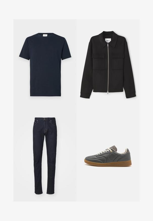 NN.07 ALBAN - Leichte Jacke - black; Navyblaue T-Shirt mit kurzen Ärmeln aus weicher Baumwolle. Verfügt über einen Rundhalsausschnitt und ein einfaches, klares Design ohne Muster oder Akzente.; Dunkelblaue Denim-Jeans mit schlankem Schnitt, Fünf-Taschen-Design und Knopfverschluss. Verfügt über kontrastierende Nähte und eine gerade Beinform.; Dunkelgrauer Ledersneaker mit runder Zehenpartie, weißen Schnürsenkeln, brauner Gummisohle und dezenten grauen Stoffakzenten am Kragen. Goldenes Logo-Detail.
