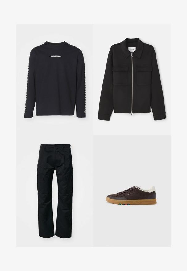 NN.07 ALBAN - Leichte Jacke - black; Langärmliges schwarzes T-Shirt aus Baumwolle, mit Rundhalsausschnitt und J.Lindeberg-Logo auf der Brust, mit kariertem Muster an den Ärmeln.; Schwarze Cargo-Hosen mit glatter Textur, die über Seitentaschen, einen Knopfverschluss und einen lässigen Schnitt verfügen.; Dunkelbrauner Wildleder-Sneaker mit Gummisohle, weißem Fersenlaschen, Schnürdesign und kleinem mehrfarbigem Detail an der Seite der Sohle.