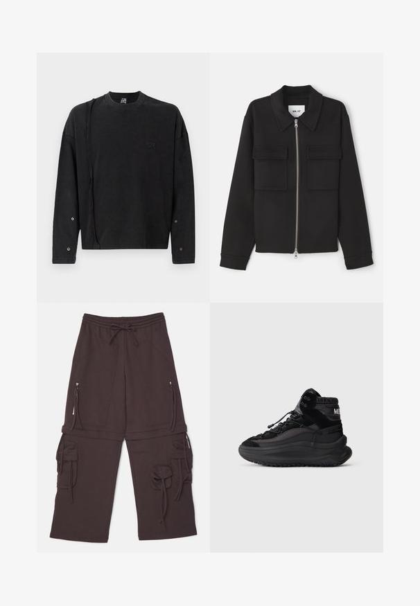 NN.07 ALBAN - Leichte Jacke - black; Schwarzer Pullover mit langen Ärmeln und Rundhalsausschnitt, mit einem dezenten Logo auf der Vorderseite und Druckknopfdetails an den Ärmeln, aus weichem Stoff gefertigt.; Braune Sweatpants mit einem elastischen Bund, verstellbarem Zugband, zwei seitlichen Reißverschlusstaschen und Cargo-Stil Akzenten mit Bindebändern.; Schwarzer High-Top-Sneaker mit dicker Sohle, Schnürverschluss, gepolstertem Knöchelkragen und strukturierten Seitenpaneelen auf einem schlichten hellen Hintergrund.