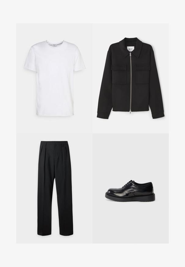 NN.07 ALBAN - Leichte Jacke - black; Weißes T-Shirt mit kurzen Ärmeln aus Baumwolle. Es hat einen runden Halsausschnitt und eine lockere Passform ohne sichtbare Muster oder Akzente.; Schwarze hoch taillierte maßgeschneiderte Hose mit Gürtelschlaufen, vorderen Falten, Knopfverschluss und geraden, weiten Beinen auf hellem Hintergrund.; Schwarze Leder-Schnürschuhe mit abgerundeter Zehenpartie, glatter Oberfläche und einer dicken Gummisohle mit dezenten Rillen für besseren Halt.
