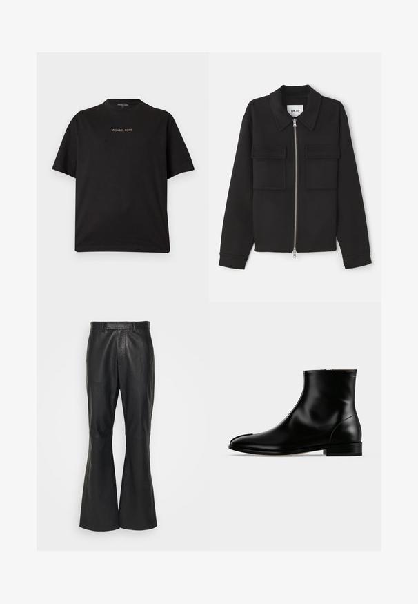 NN.07 ALBAN - Lichte jas - black; Zwart T-shirt met korte mouwen en ronde hals met het "MICHAEL KORS"-logo gecentreerd in kleine gouden letters op de borst.; Emporio Armani EXCLUSIVE TROUSERS - Leren broek - nero; Zwarte gepolijste leren enkellaars met lage hak en een ritssluiting aan de zijkant, strak en glad ontwerp op een effen lichte achtergrond.