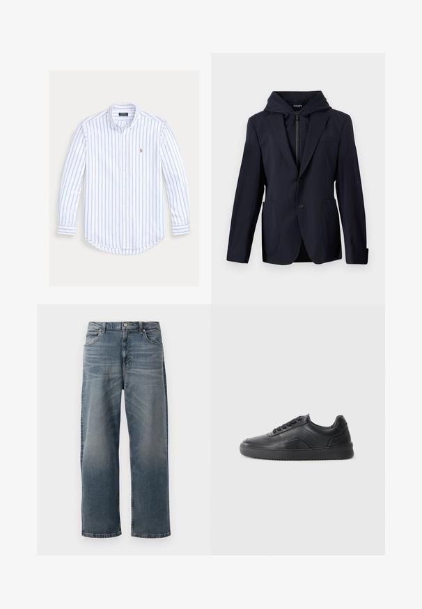 Marineblauwe blazer met twee knopen, opgestikte zakken, ingesneden revers en een aangehechte ritskap voor een gelaagde uitstraling.; Overhemd met lange mouwen en knopen, lichtblauwe verticale strepen en een klein geborduurd logo op de linkerborst.; Lichtblauwe denim jeans met een rechte pijpdesign, vervaagde uitstraling, vijf zakken en een knoopsluiting bij de taille.; Zwarte leren sneaker met een gladde afwerking, ronde neus, textuurpaneel aan de zijkant en zwarte veters. Voorzien van een platte rubberen zool en een minimalistisch ontwerp.