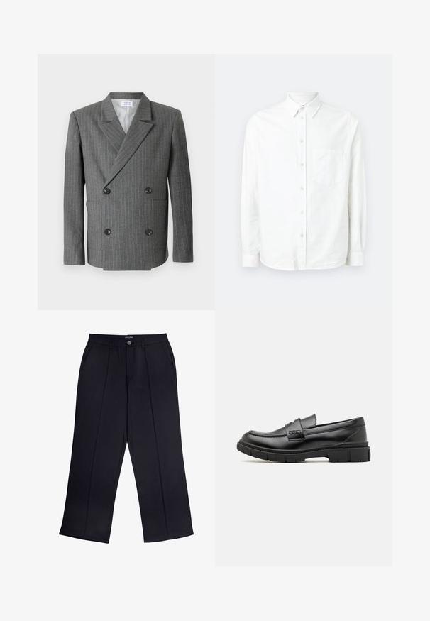 Libertine-Libertine PUBLIC - Blejzrové sako - dark grey; Biela košeľa s dlhým rukávom a gombíkmi vyrobená z ľahkého materiálu. Obsahuje prednú kapsu, klasický golier a jemnú textúru.; Čierne nohavice s širokými nohavicami z hladkej tkaniny, so zipsovým zapínaním, gombíkovým uzáverom a prednými vreckami. Výrazný sklad po celej dĺžke každých nohavíc.; Čierne kožené mokasíny so širokým pásikom cez priehlavok, gumová podrážka s hrubým dezénom a hladký povrch. Klasický, elegantný dizajn.