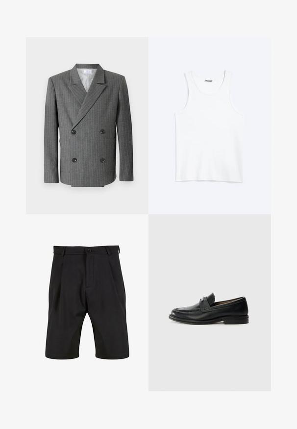 Libertine-Libertine PUBLIC - Veste de costume - dark grey; Débardeur blanc sans manches avec col rond et étiquette de la marque Weekday à l'intérieur du col arrière, présenté à plat sur un fond clair.; Shorts noirs en tissu lisse avec une coupe ajustée, dotés d'une fermeture à bouton à l'avant, de plis et de poches latérales.; Mocassins en cuir noir avec une finition lisse, dotés d'une bande supérieure texturée, d'un talon bas et de détails de couture minimalistes.