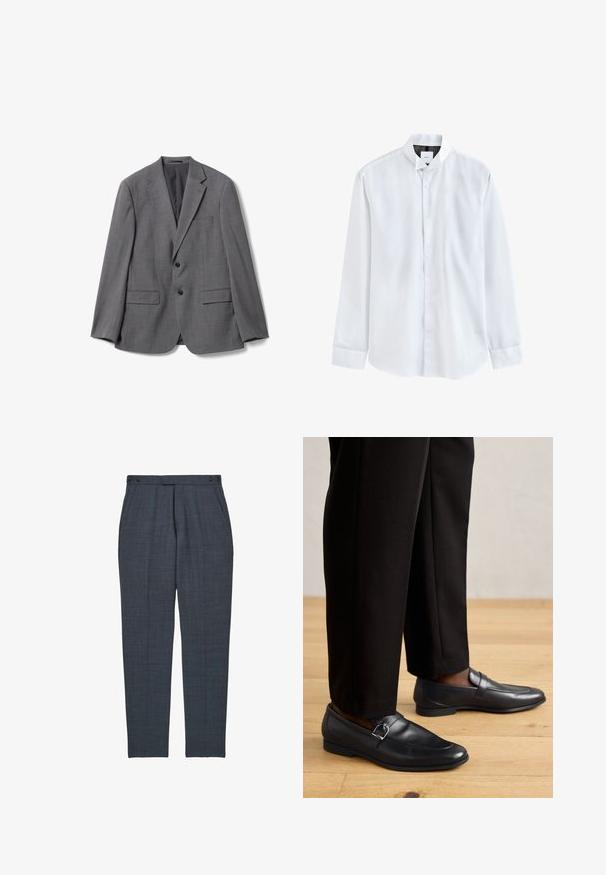 Chaqueta de traje gris de hombre de un solo botón con dos botones negros, solapas con muesca, dos bolsillos con tapa y un bolsillo en el pecho, mostrada plana sobre fondo blanco.; Camisa blanca lisa de manga larga con cuello puntiagudo y botones frontales, mostrada sobre un fondo blanco.; Pantalones ajustados de color gris oscuro con bolsillos laterales y tiras ajustables en la cintura con botones, ajuste recto y entallado.; Mocasines de cuero negro con una textura suave, que cuentan con una hebilla decorativa, combinados con pantalones negros a medida sobre un suelo de madera.