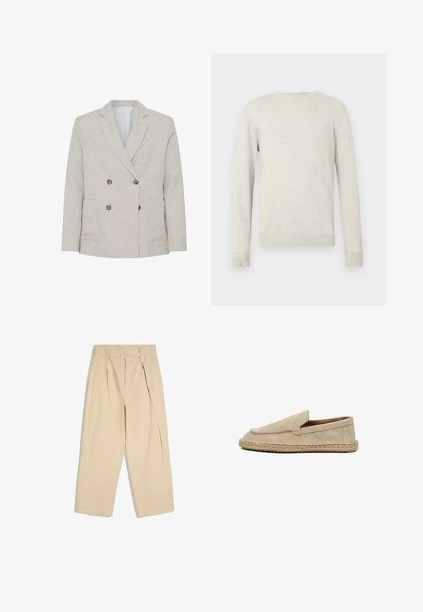 Licht beige dubbelbreasted blazer met inkeping revers, vier bruine knopen, twee voorzakken en gestreepte voering.; Beige trui met lange mouwen en ronde hals, voorzien van ribbels aan de mouwen en onderkant, gepresenteerd tegen een eenvoudige witte achtergrond.; Beige hoge taille broek met plooien aan de voorkant, knoop- en ritssluiting en brede rechte pijpen.; Beige suède instapper met gevlochten juten zool, ronde neus en minimale stikseldetails, gezien vanaf de zijkant op een witte achtergrond.