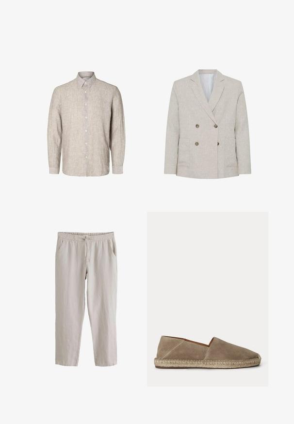 Lysebeige dobbeltradet blazer med hakkede revers, fire brune knapper, to forlommer og stribet inderfor.; Lys grå linnedkjorte med lange ærmer, knap-ned krave og frontknapper. Tekstureret stof med et diskret mønster.; Lysebeige afslappede bukser med elastisk talje og snøre foran, med sidelommer og lige ben.; Beige ruskind espadrille sko med flettet juttesål og lukket rundet tå, vist fra siden på en ensfarvet baggrund.