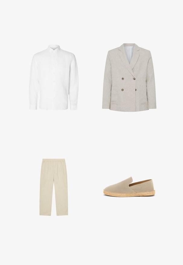 Hellbeige zweireihiger Blazer mit gekerbtem Revers, vier braunen Knöpfen, zwei Vordertaschen und gestreiftem Innenfutter.; Weißes Langarmhemd aus Leinen mit Button-Down-Kragen, vorderen Knöpfen und einer lässigen Passform mit geraden Manschetten.; Beige gerade Hose mit elastischem Bund und Seitentaschen, legere entspannte Passform, leichter Stoff.; Beige Wildleder-Espadrille zum Hineinschlüpfen mit juteumwickelter Sohle und niedrigem Absatz, Seitenansicht auf weißem Hintergrund.