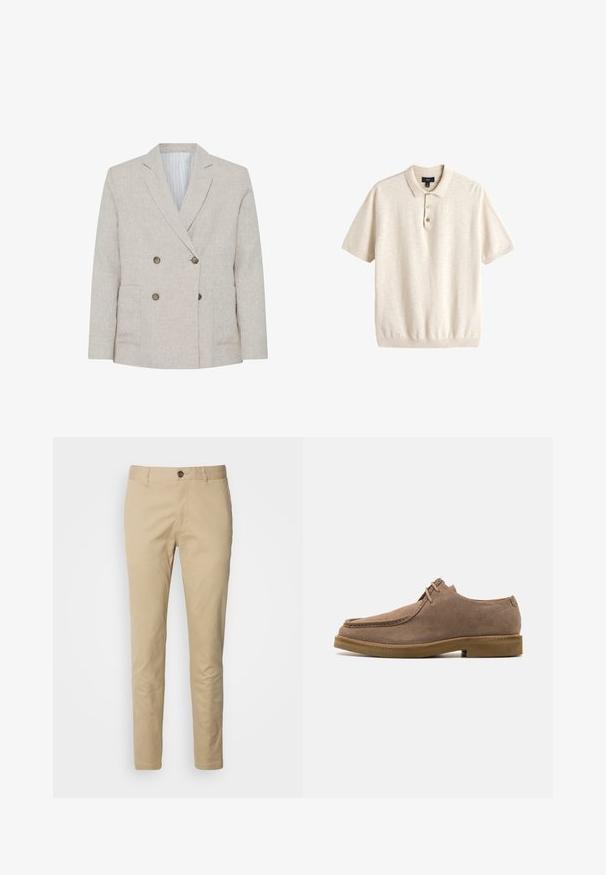 Licht beige dubbelbreasted blazer met inkeping revers, vier bruine knopen, twee voorzakken en gestreepte voering.; Beige kortemouwen gebreide poloshirt met kraag en drieknopenbies, plat gelegd op een witte achtergrond.; Beige chino's met een knoopsluiting, slanke pasvorm en een gladde katoenstof. Bevat stikdetails en een standaard vijfzakkenontwerp.; Zign by Zalando LEATHER - Sportieve veterschoenen - taupe