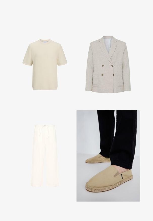 Lysebeige dobbeltradet blazer med hakkede revers, fire brune knapper, to forlommer og stribet inderfor.; Cremefarvet kortærmet t-shirt i et struktureret strikmønster. Har en rund halsudskæring og en lige kant.; Hvide bukser med vide ben, elastisk talje og snørrelukning, lavet af letvægtsstof.; Beige lærred slip-on sko med elastisk goring, jute reb-sål og kontrasterende syninger. Båret med sorte tapered bukser.