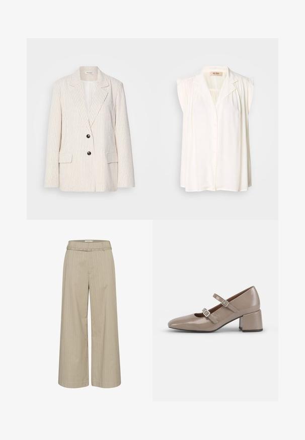 Blazer crème avec des rayures verticales, revers cranté, deux boutons noirs et poches avant. Tissu texturé avec une coupe structurée.; Blouse sans manches blanche avec col, fermeture à boutons sur le devant et détails plissés aux épaules. Texture douce et design fluide.; Pantalons larges en tissu beige clair avec des rayures verticales, dotés d'une ceinture assortie et de quincaillerie décorative au niveau de la taille.; Chaussure Mary Jane en cuir verni beige avec un bout pointu, deux sangles ajustables et un talon épais et carré. Texture lisse et matériel minimal.