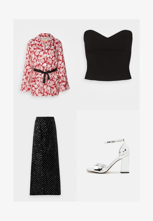 Rode jasje met een patroon van bloemen en schelpen in het wit, voorzien van een zwarte riem, revers en uitlopende mouwen.; NA-KD STRAPLESS TIGHT - Top - black; Zwarte fluwelen maxi rok versierd met een diamanten sequins patroon, met een soepele tailleband en een rechte silhouet.; Zilveren hoge hak sandaal met een blokhak, open teen en enkelbandje. Gekenmerkt door een glanzende lakafwerking en een gevoerd voetbed.